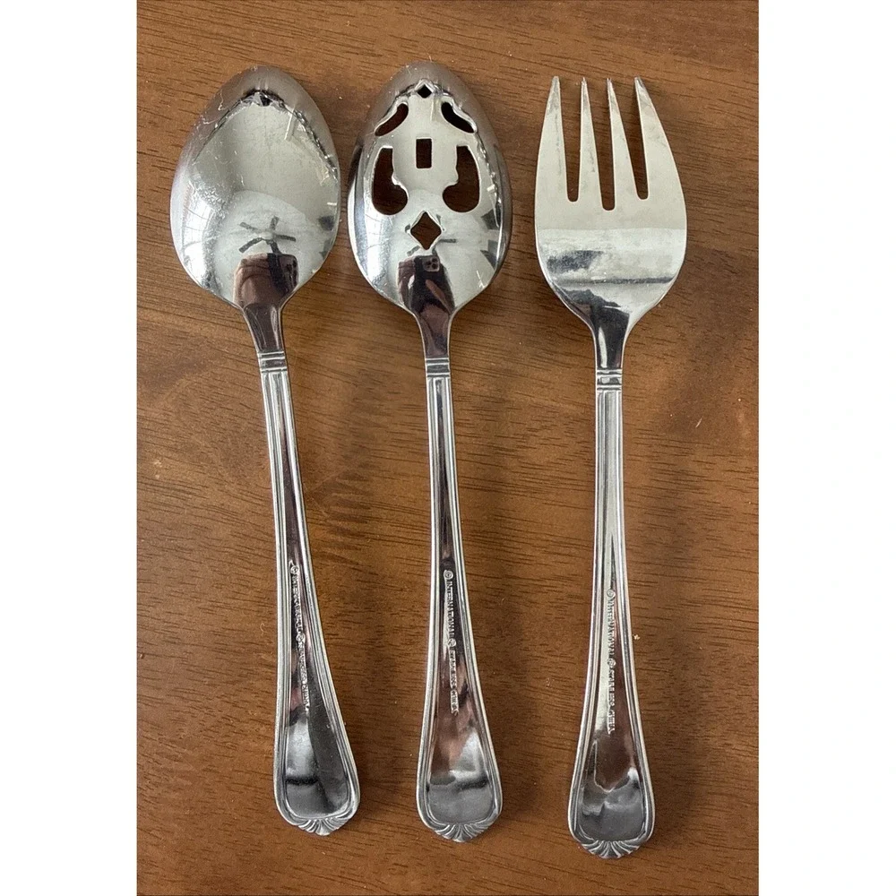 International Nouveau 3 Piece Serving Set Stainless Steel Spoons Fork 9in